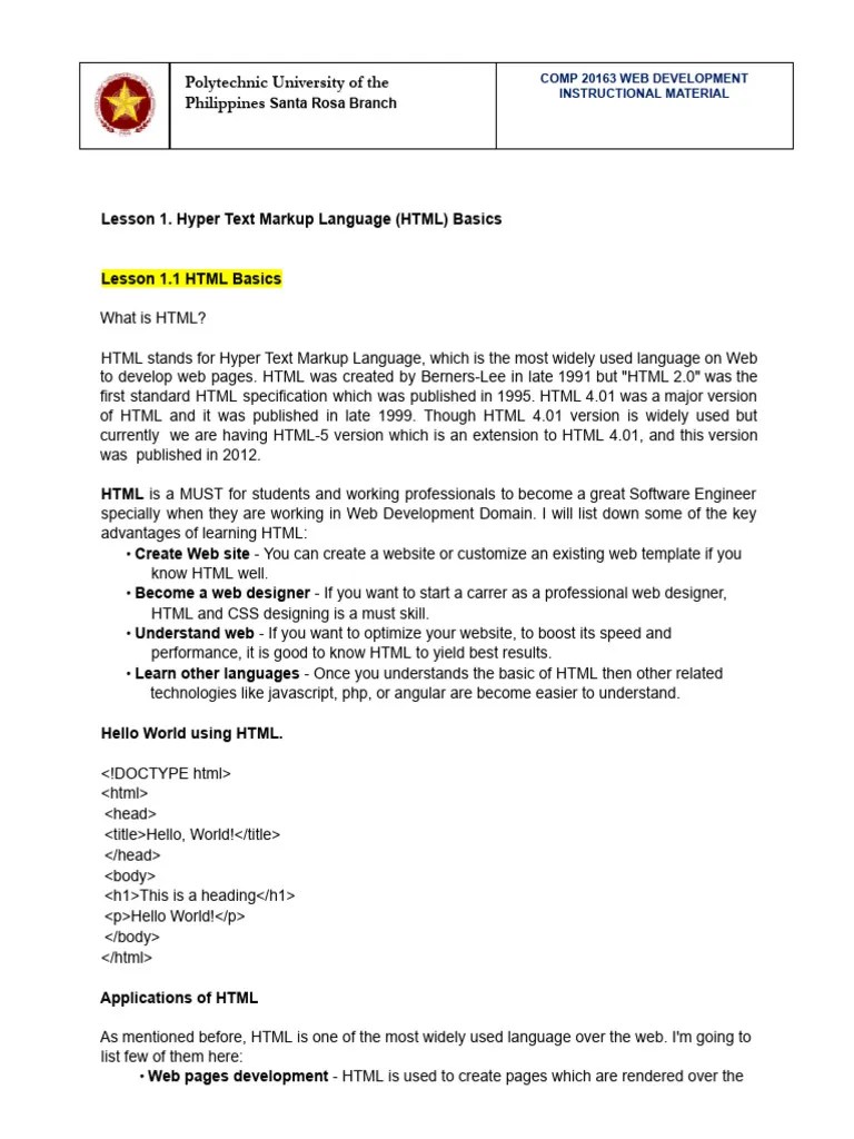 Lesson 2.1 Hyper Text Markup Language (HTML) Basics | PDF | Html | Html Element