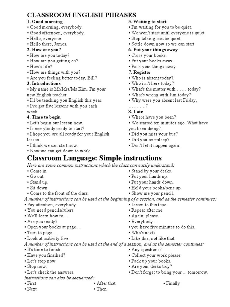 Classroom English Phrases | PDF | Classroom | Question