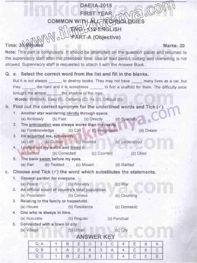 DAE IA 2018 Past Papers Electrical 1st Year English Part A Objective | PDF
