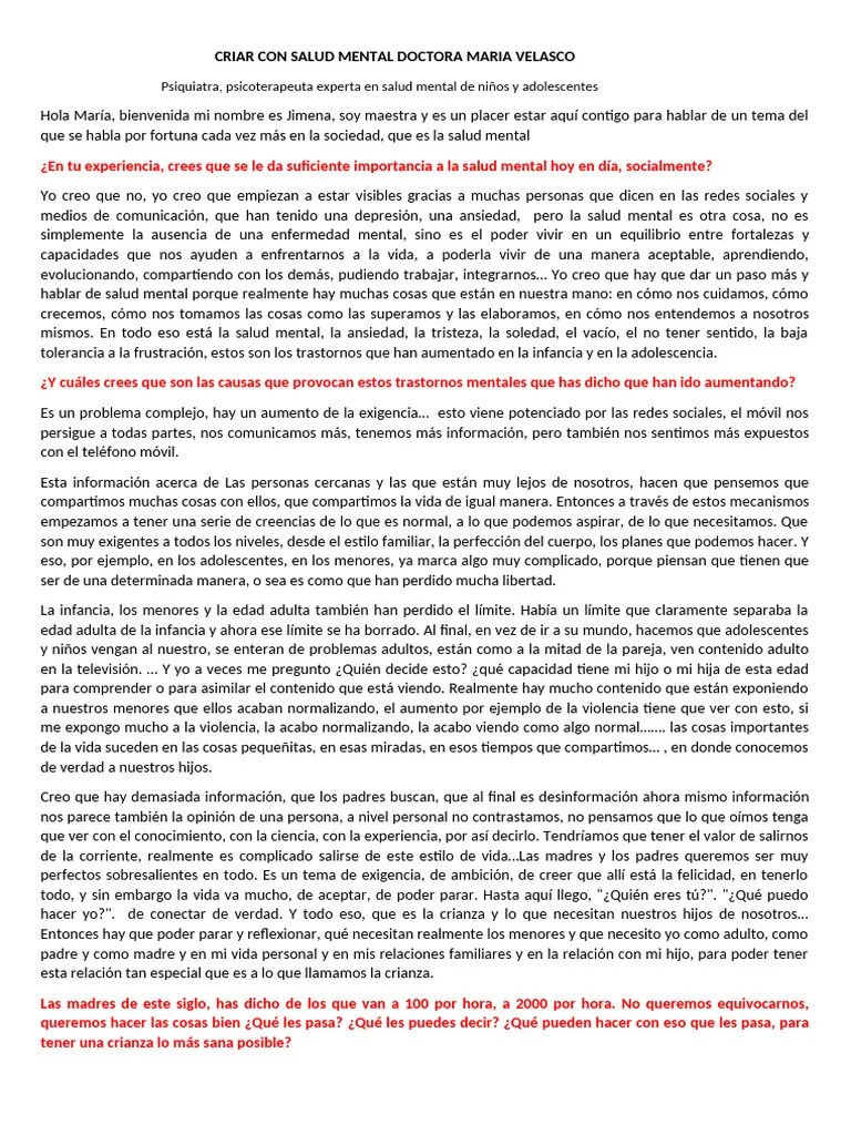 Criar Con Salud Mental Doctora Maria Velasco Psiquiatra Infanto Juvenil | PDF | Adultos | Salud ...