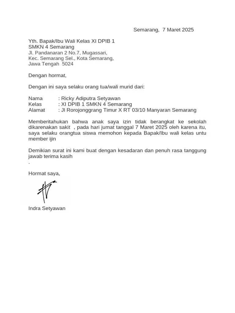 Surat Ijin Tidak Masuk Sekolah | PDF