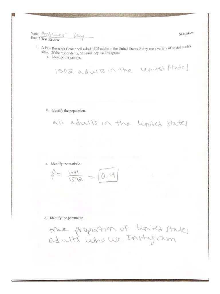 Answer Key Statistics Unit 7 Test Review Pdf
