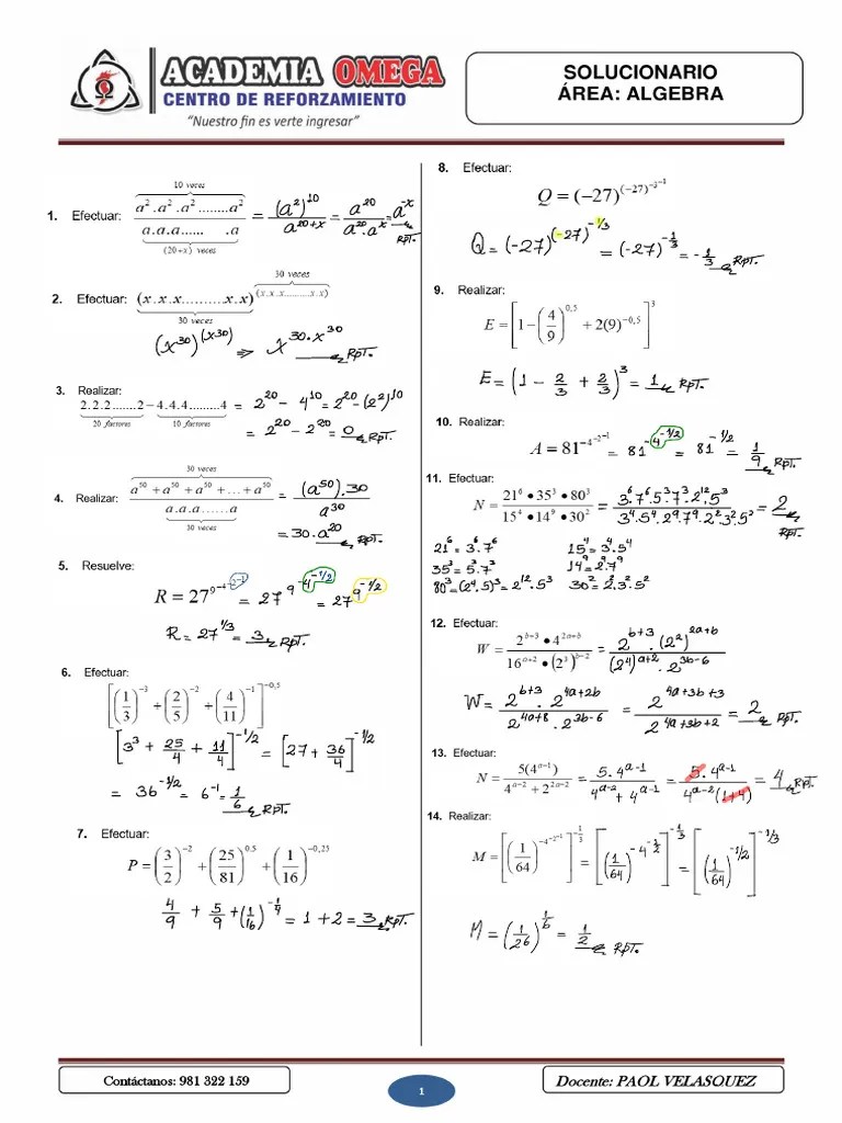 Teoria De Exponentes 1 1 Ejercicios Resueltos Basicos Pdf