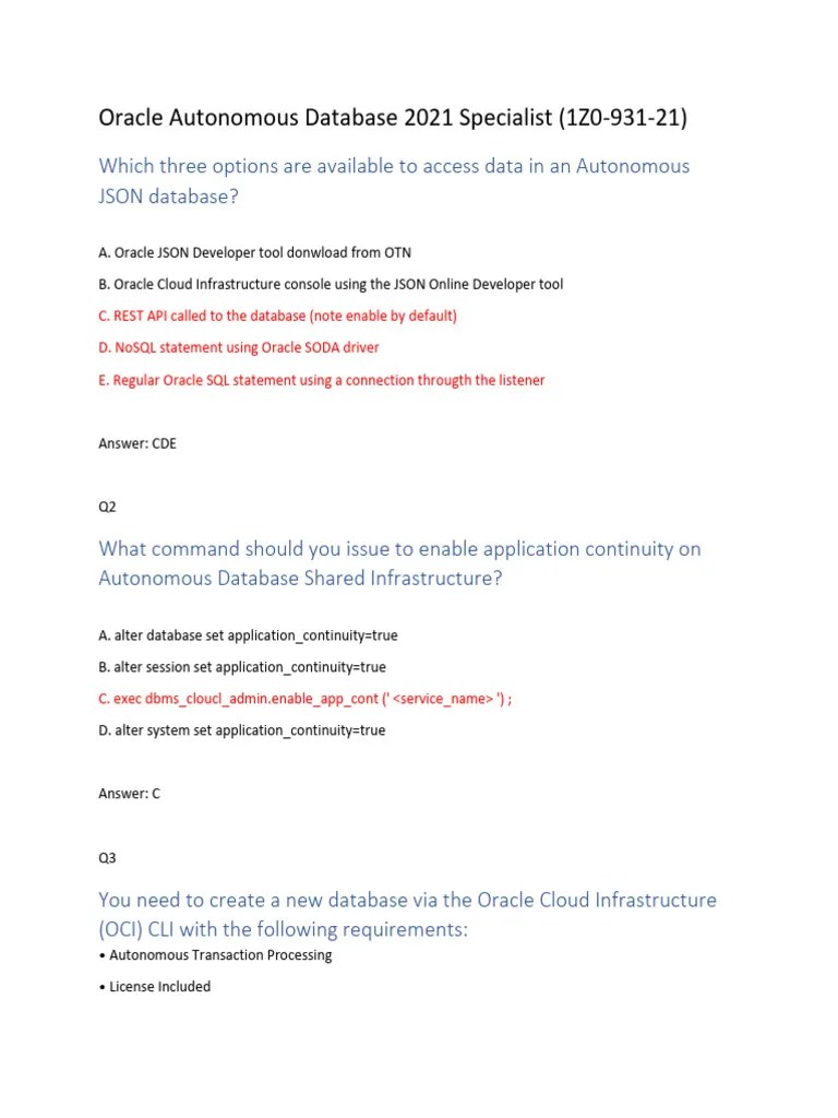 Oracle Autonomous Database 2021 Specialist 1Z0 931 21 Dump | PDF ...