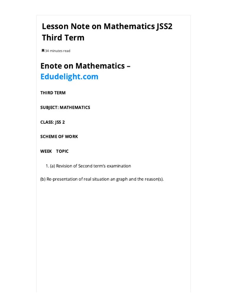 Lesson Note On Mathematics Jss2 Third Term Pdf Triangle Cartesian