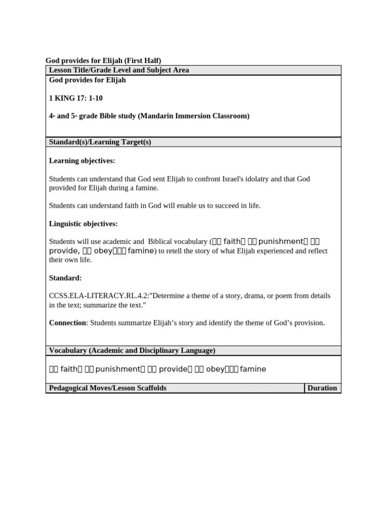 Lesson Plan Analysis Assignment Pdf Elijah Bible