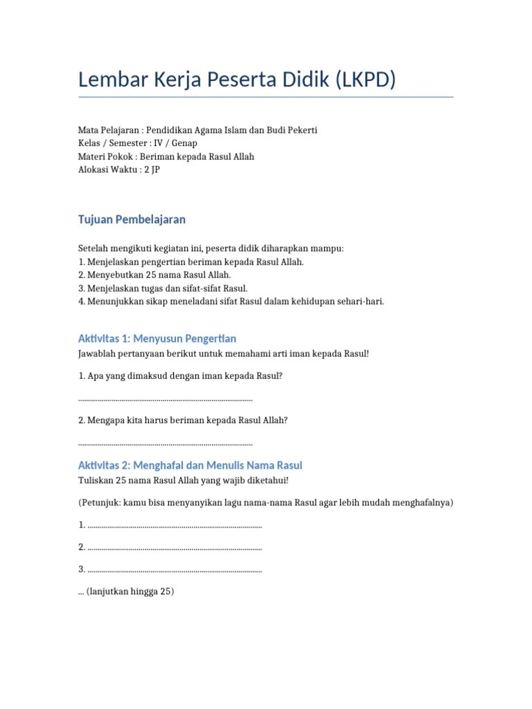 LKPD - Beriman - Kepada - Rasul - Kelas IV | PDF