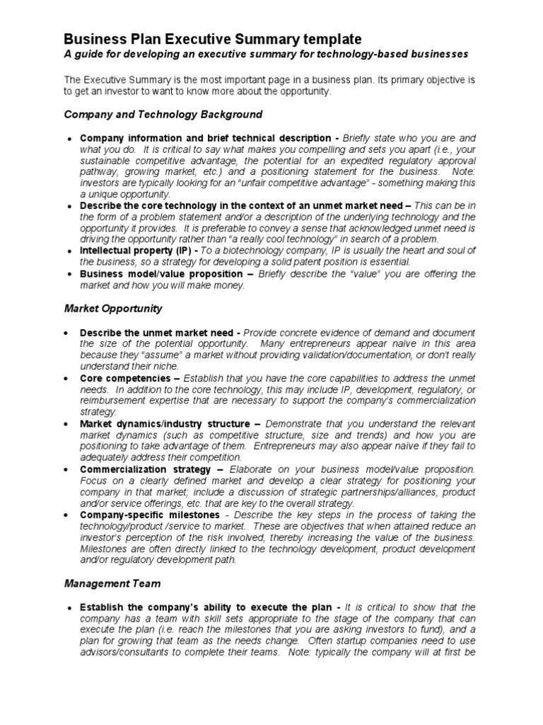 Business Plan Executive Summary Template Strategic Management Business Plan
