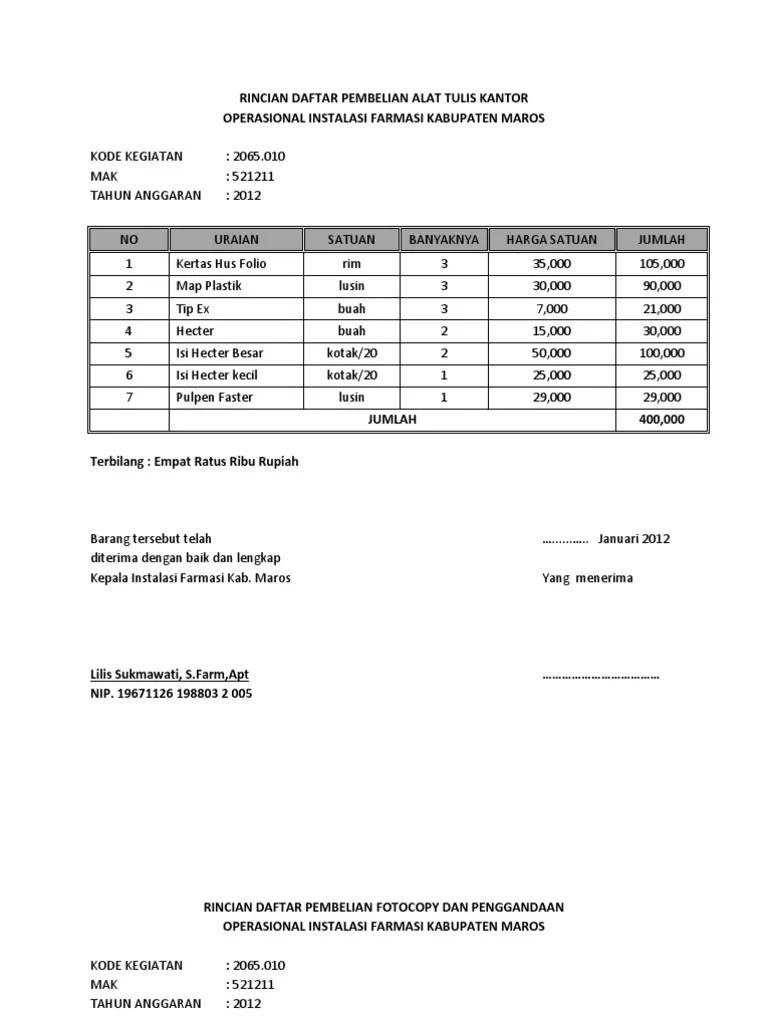 Permohonan pembatalan pernikahankepada yang terhormat. Rincian Daftar Pembelian Alat Tulis Kantor