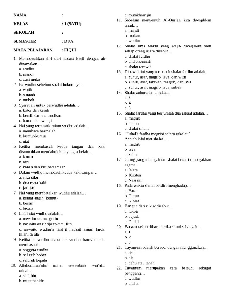 Soal Ujian Fikih Kelas 1 Min | PDF