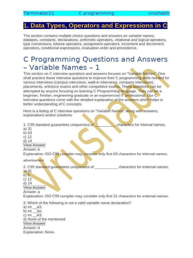 C Programming MCQ Vrushabh RT | PDF | Pointer (Computer Programming ...