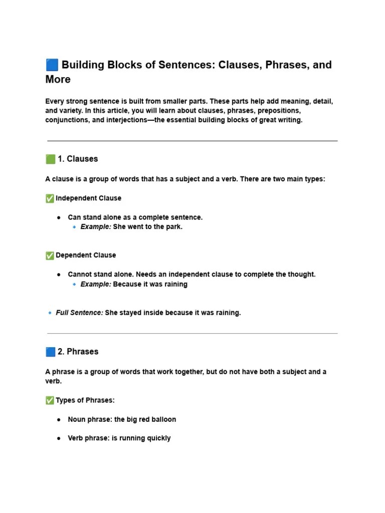 Building Blocks Of Sentences - Clauses, Phrases, And More | PDF | Clause | Phrase