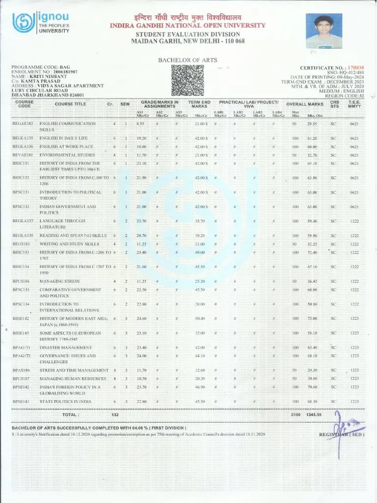 Ignou Marksheet Pdf