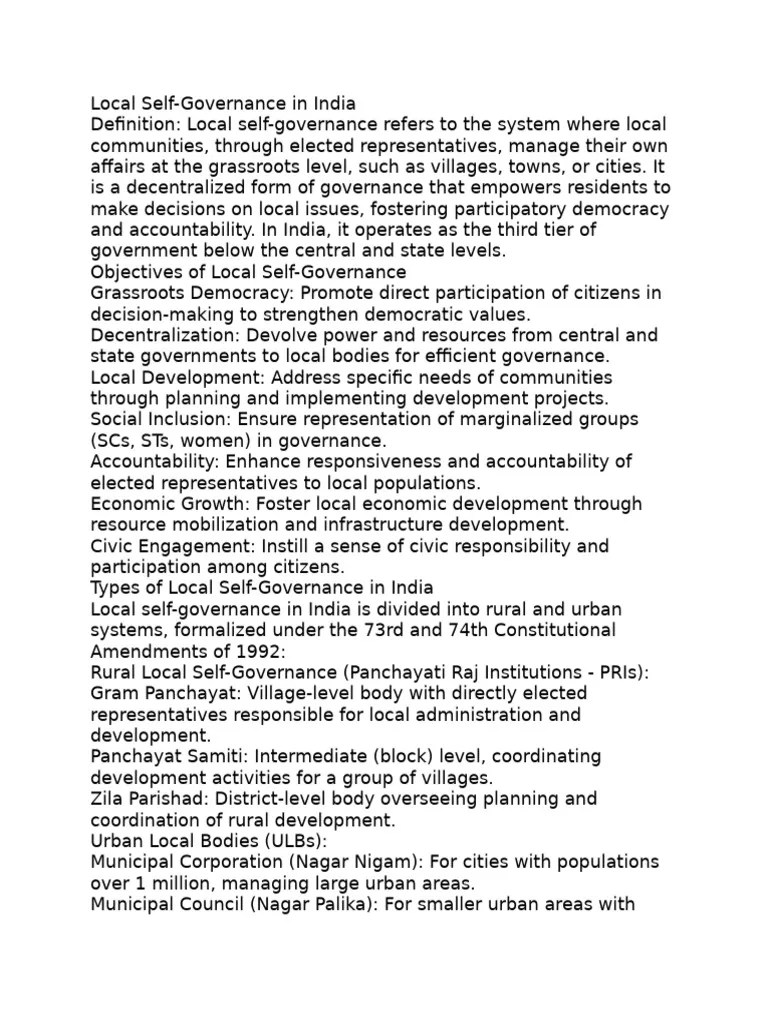 Local Self Governance In India Pdf Government
