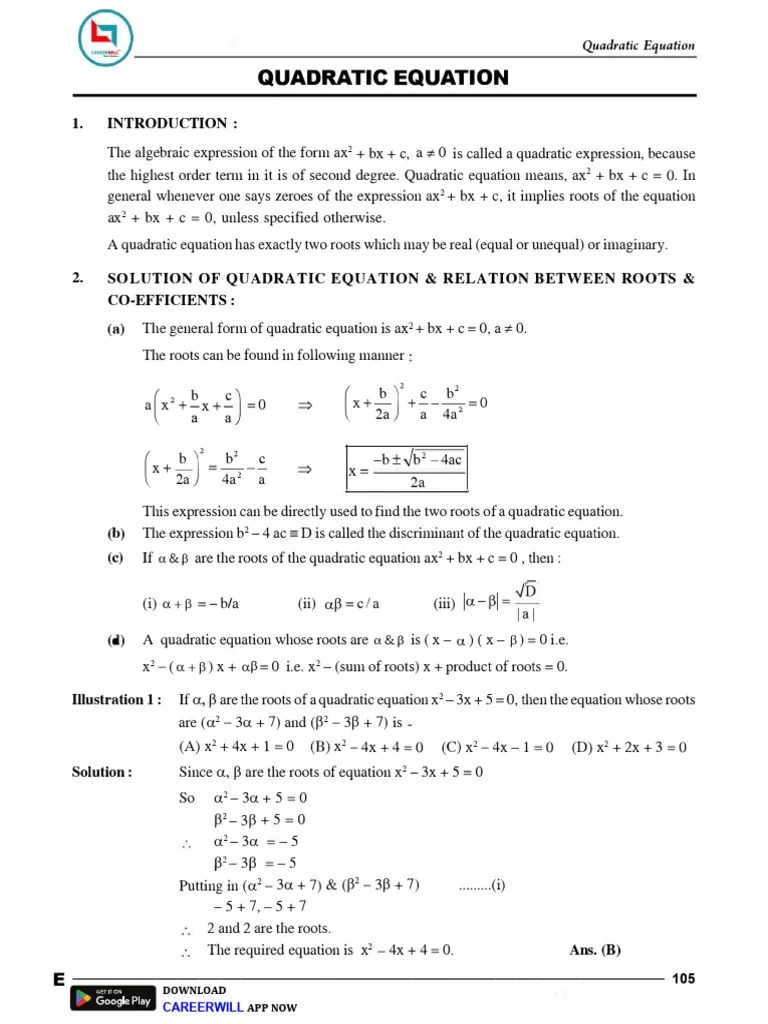 Sheet - 01 - Quadratic Equation | PDF | Quadratic Equation | Algebra