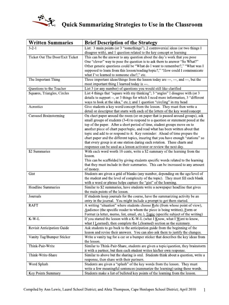 Quick Summarizing Strategies To Use In The Classroom | PDF