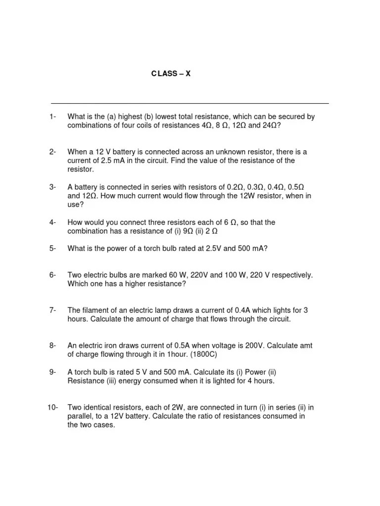 CBSE Class 10 Physics Worksheet 5 Electricity | PDF | Series And Parallel Circuits | Electronic ...