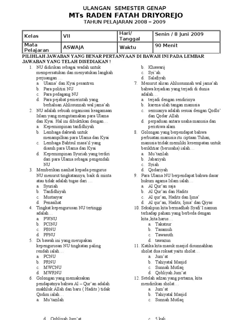 Soal aswaja kelas 4 semester 1. Soal Uts Aswaja Kelas 5 Mi Semester 2