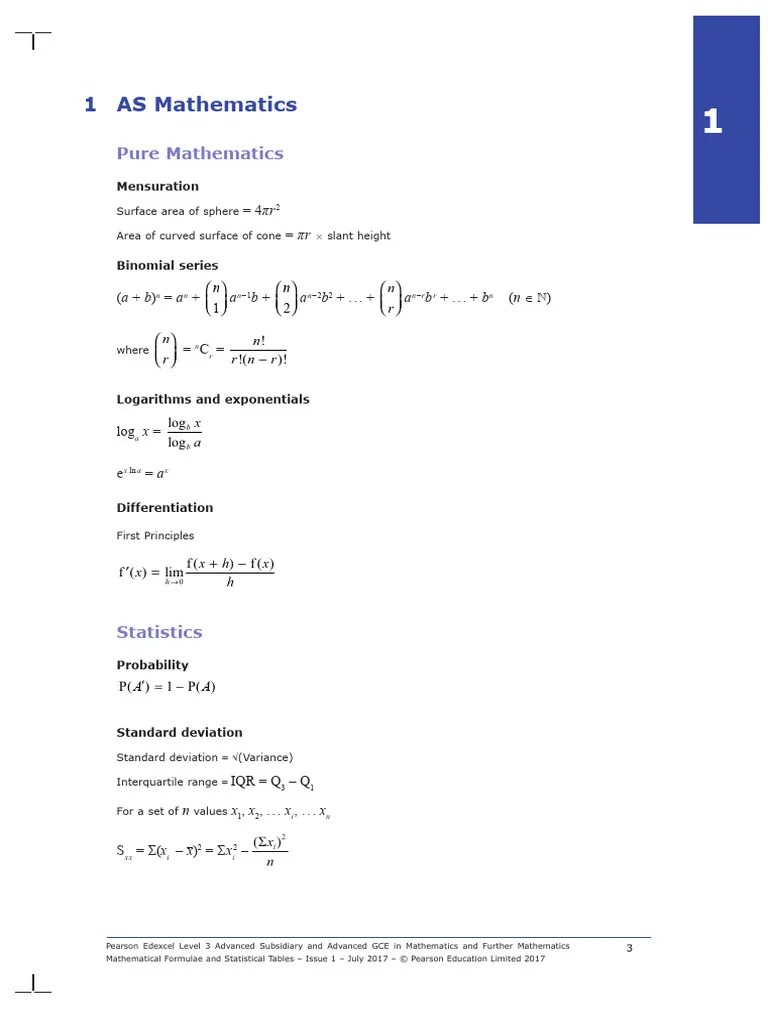 Pearson Edexcel A Level Gce In Mathematics Formulae Book Removed | PDF