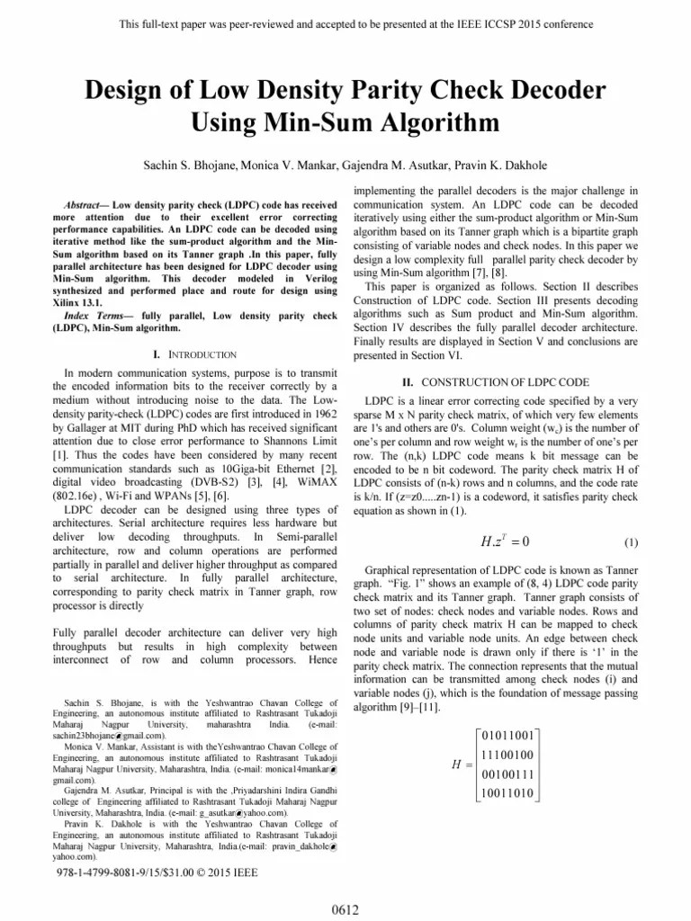 Design Of Low Density Parity Check Decoder Using Min-Sum Algorithm ...