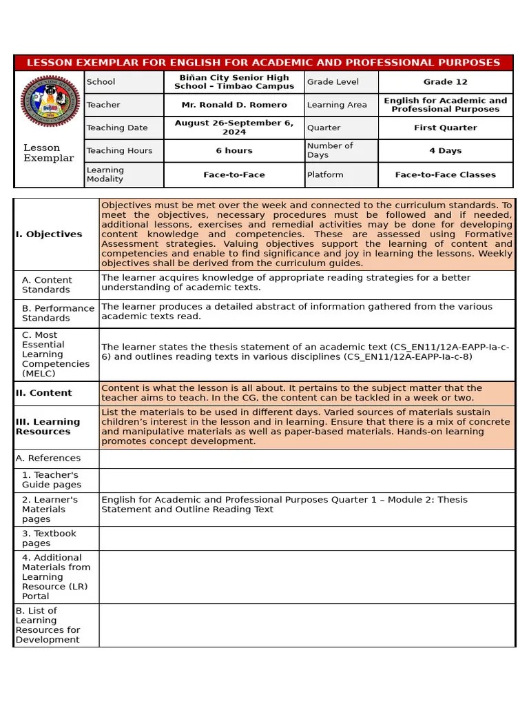 LE EAPP Lesson 4 - Thesis Statement And Outlining | PDF | Learning | Calorie