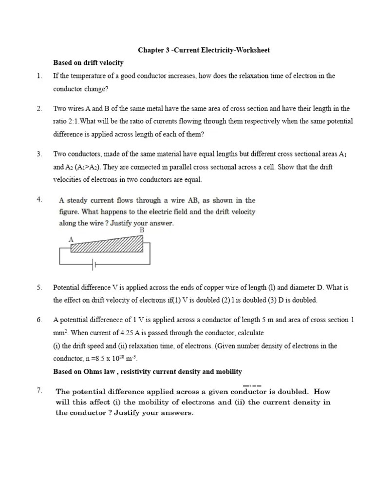 Current Electricity Worksheet Questions Pdf Voltage Series And