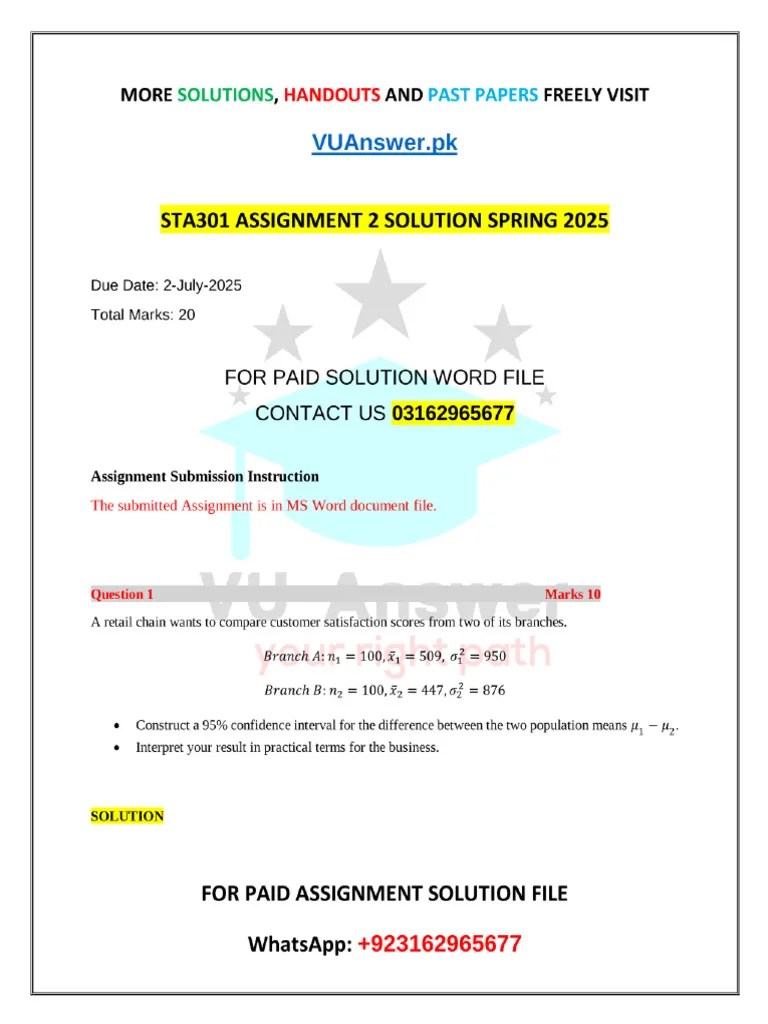STA301 Assignment 2 Correct Solution Spring 2025 | PDF