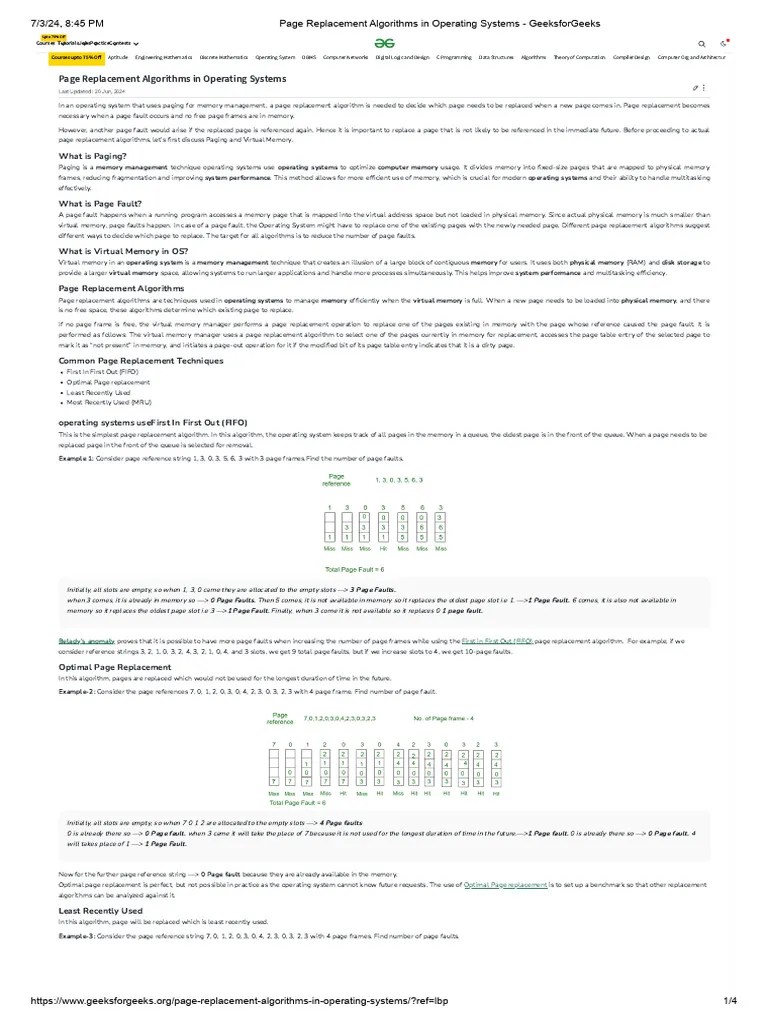 Page Replacement Algorithms In Operating Systems Geeksforgeeks Pdf