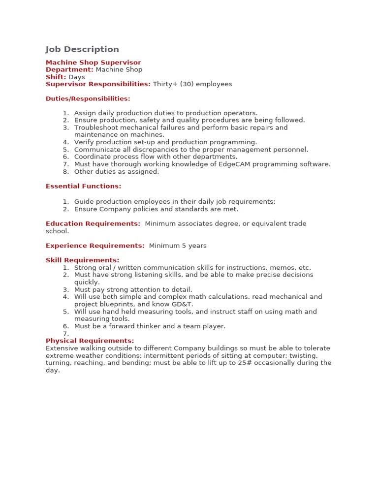 Job Description CNC Machinist Supervisor | PDF