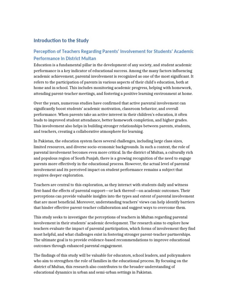 Introduction Study Parental Involvement Multan | PDF | Teachers | Psychological Concepts