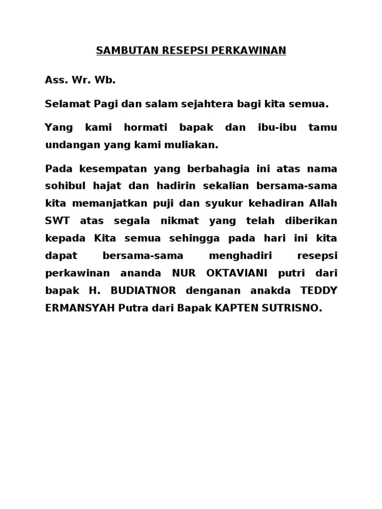 Demikian salah satu contoh pidato serah terima dari mempelai wanita yang bisa kami bagikan, selanjutnya akan kami bagikan untuk wakil . Sambutan Resepsi Perkawinan Pdf