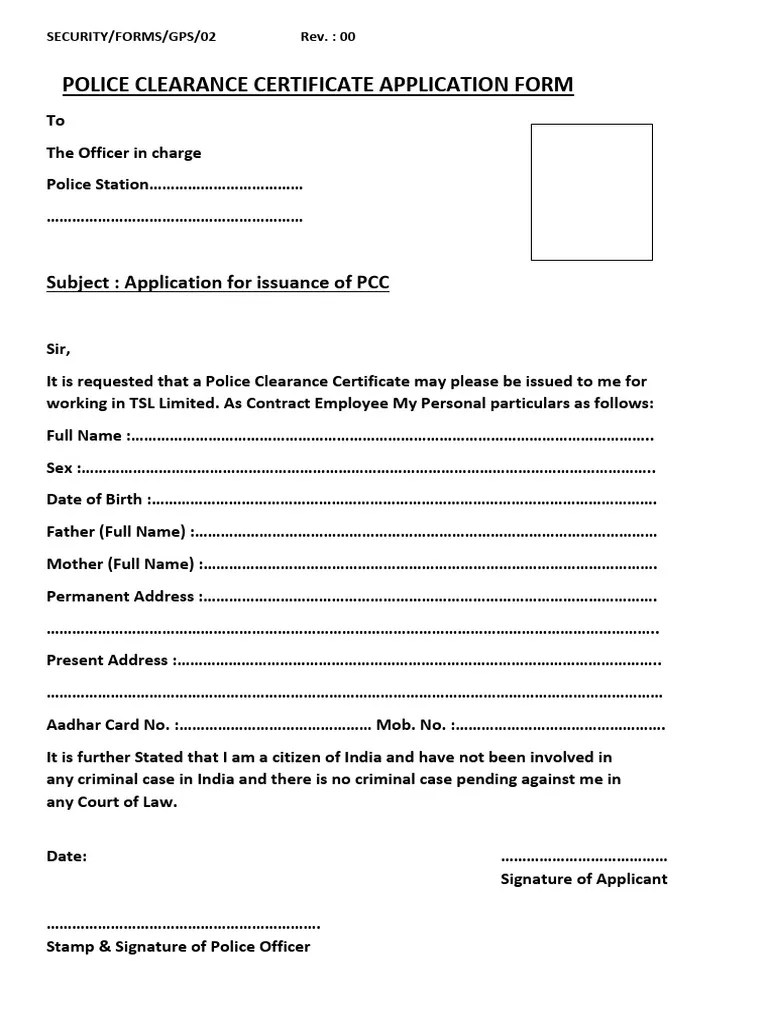 Police Clearance Certificate Application Form Pdf