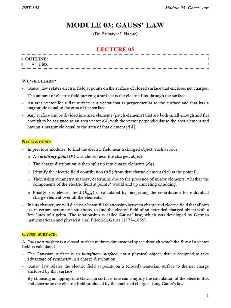 Lecture 05 (Note) - Module 03 - Gauss Law | PDF | Flux | Electric Field