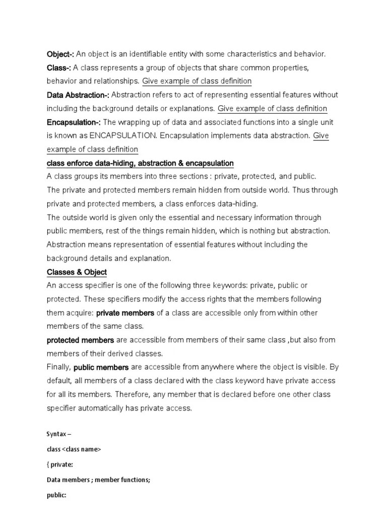 Syntax - Class (Private: Data Members Member Functions Public | PDF ...