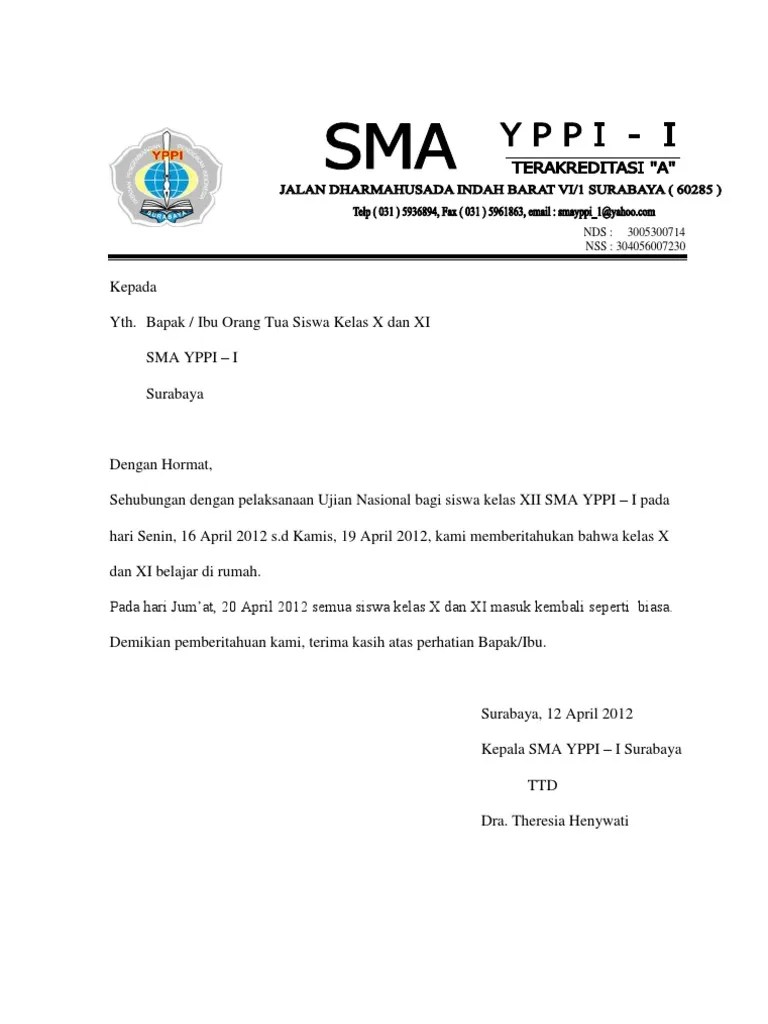 Contoh surat pemberitahuan masuk sekolah suratmenyurat net. Surat Pemberitahuan Libur