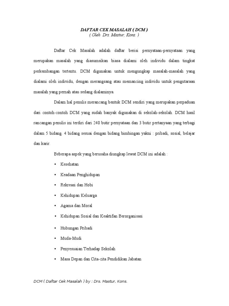 Memberikan instruksi untuk mengerjakan dcm, dan memperingatkan agar siswa bekerja dengan tenang dan teliti, dan . Tentang Dcm Daftar Cek Masalah Pdf