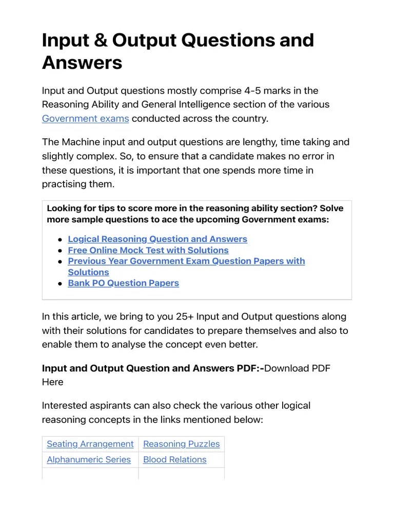 Input & Output Questions For Logical Reasoning Machine Input Output | PDF
