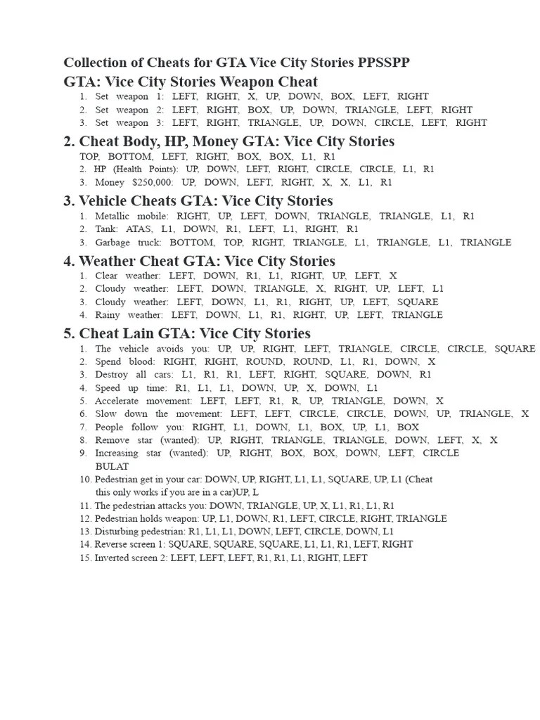 GTA Vice City Stories Cheats For PPSSPP PDF Vehicles Transport 1
