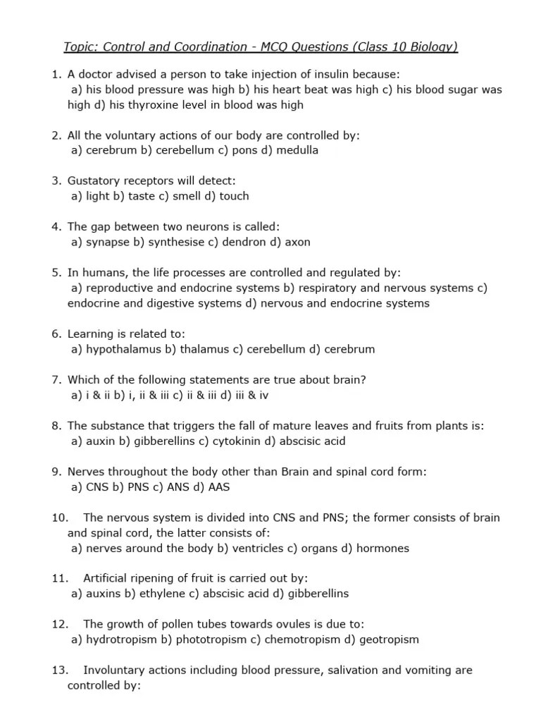Topic Control And Coordination Mcq Questions Class 10 Biology