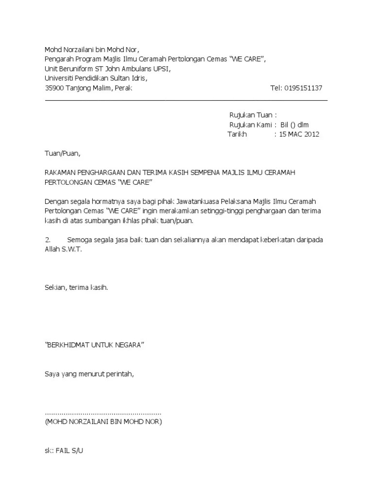 Contoh surat penghargaan dan terima kasih atas perkhidmatan bagikan contoh. Contoh Surat Penghargaan Dan Terima Kasih Atas Sumbangan Wang Mauricectz