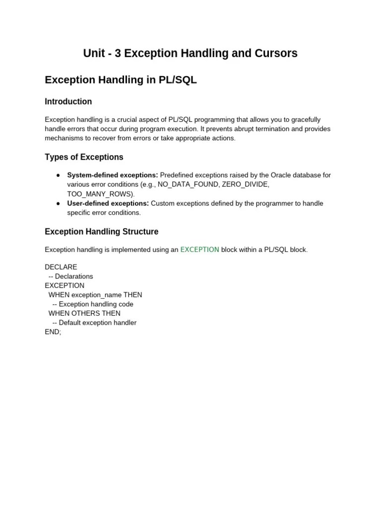 Unit - 3 Exception Handling And Cursors | PDF | Pl/Sql | Data Management