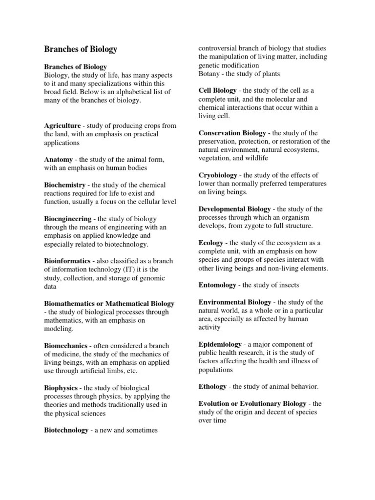 Branches Of Biology Pathology Mathematical And