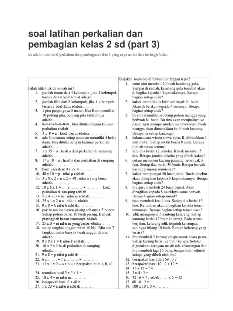Contoh soal perkalian matematika kelas 2 sd. Soal Perkalian Dan Pembagian Kelas 2 Rasanya