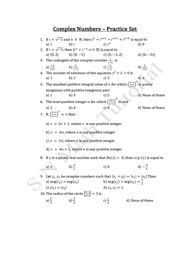 Complex Numbers Practice Set Pdf Complex Number Numbers