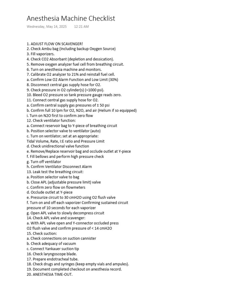 Anesthesia Machine Checklist Pdf