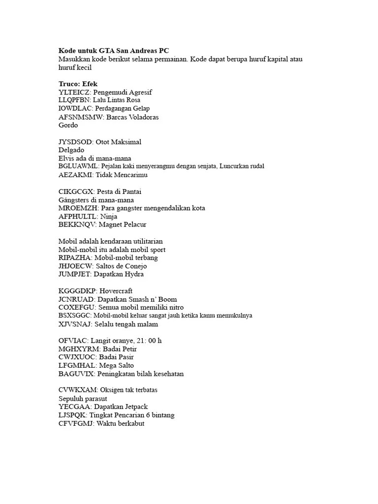Kode GTA San Andreas Untuk PC PDF 1