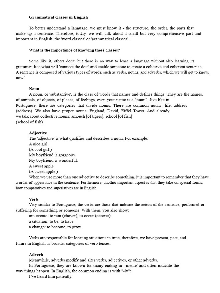 Understanding English Grammatical Classes Pdf Noun Part Of Speech