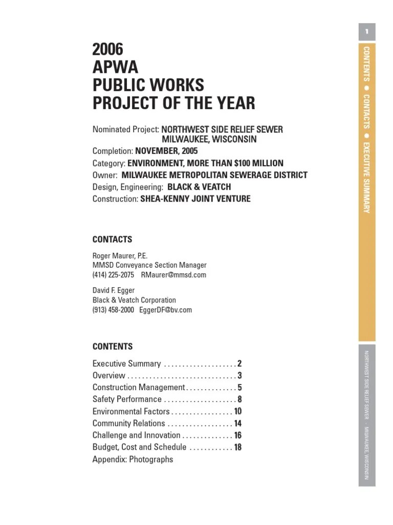 2006 Apwa Public Works Project Of The Year: Contacts | PDF | Combined Sewer | Sanitary Sewer