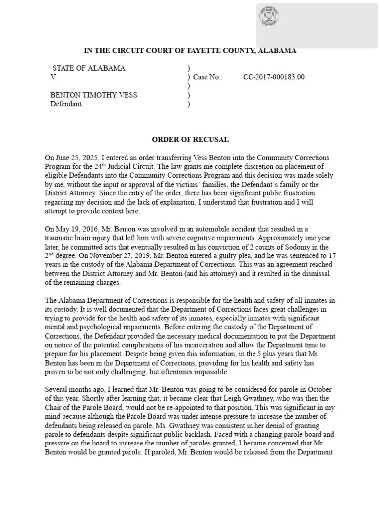 Benton Judge Recusal Letter | PDF | Parole | Penology