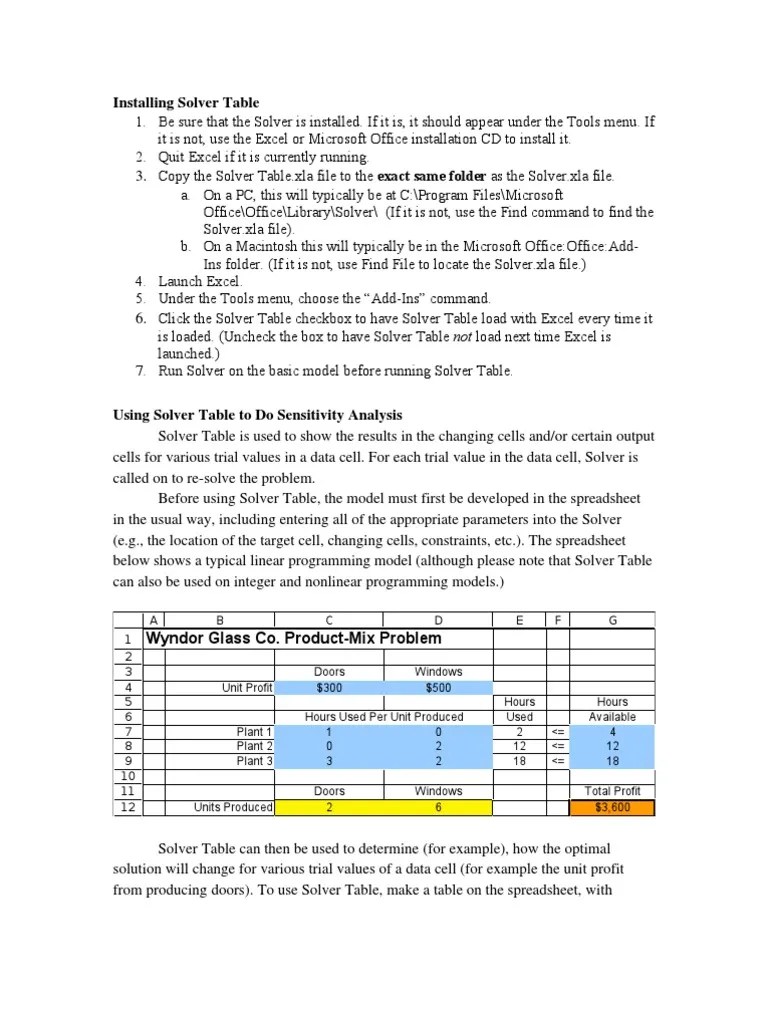 Using Solver Table | PDF | Microsoft Excel | Spreadsheet